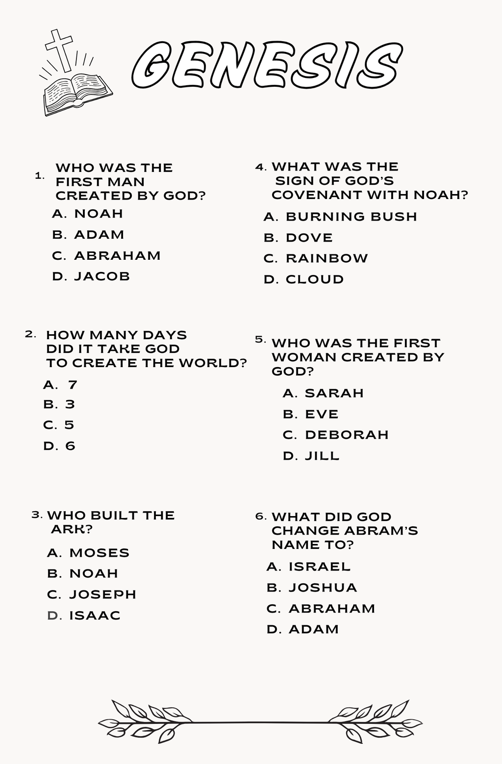 Genesis Bible Trivia Booklet